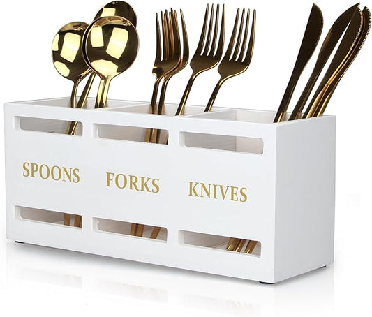 Ayiaren Wood Flatware Silverware Caddy White Cutlery Holder Kitchen Utensils Holder for Party Wooden Silverware Organizer for Countertop Knife Spoon and Fork Holder Table Utensil Caddy Organizer