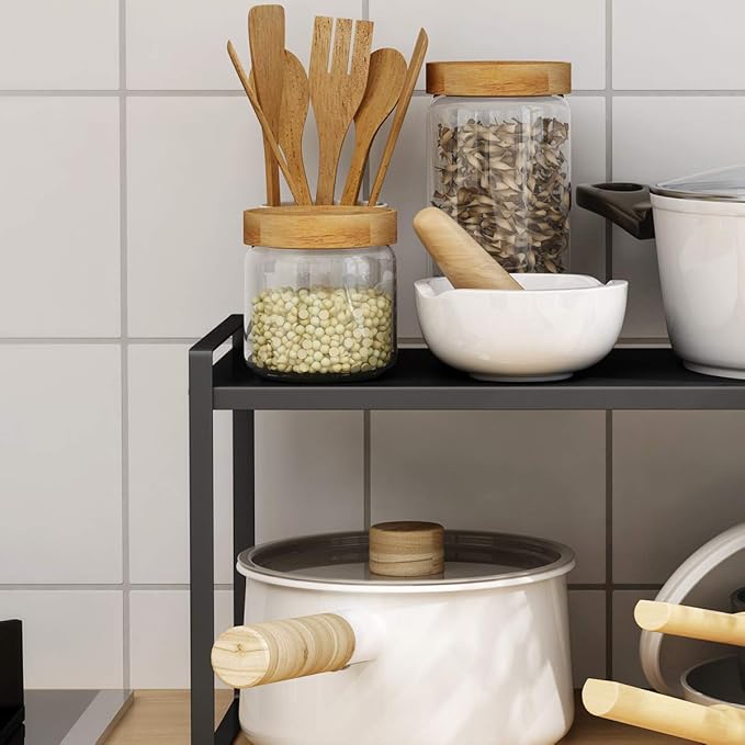 ideaglass Countertop Organizer, Cupboard Stand Spice Rack, 20" Cabinet Pantry Shelf, Organization and Storage For Kitchen Bathroom, Metal Plate Black