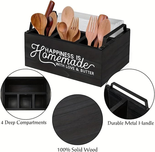 Utensil Caddy for Parties, Wood Silverware Caddy for Party, Paper Plate Caddy, for Kitchen Silverware Cups, Forks, Spoons, Plates, Napkins, for Kitchen Counter, Party, Camping, Picnic
