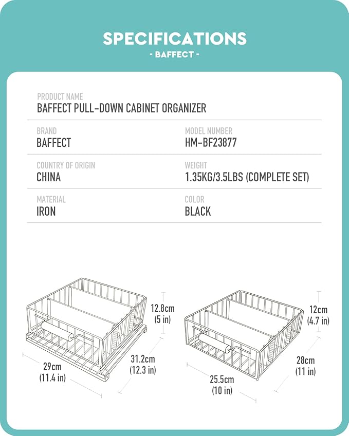Baffect Pull-Down Cabinet Organizer, 20° Sloping Drop Down Spice Rack with 2 Adjustable Dividers, Heavy-Duty Sliding Out Storage Basket for Pantry/Cupboard/Upper Cabinet (Metal, Black)