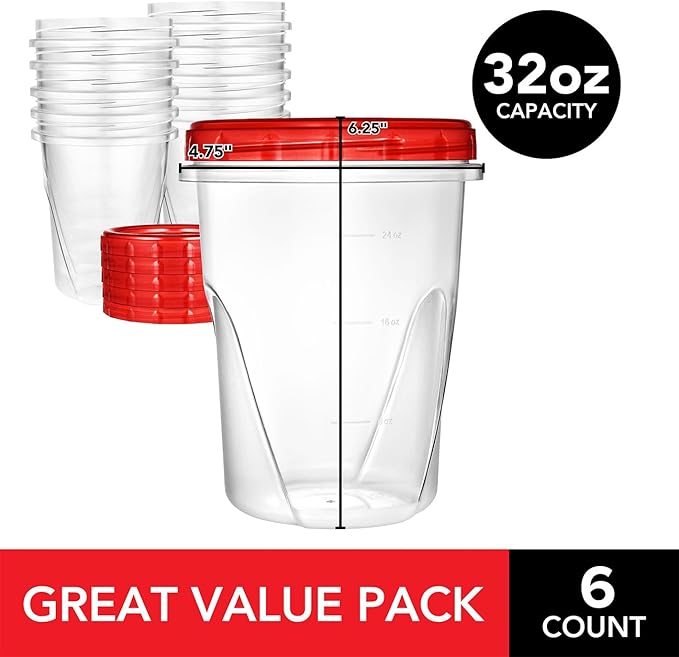 32oz Plastic Containers with Red Twist Top Lids (6 Pack) – Quart Freezer Containers for Leftovers, Airtight Reusable Soup Storage, Microwave & Dishwasher Safe