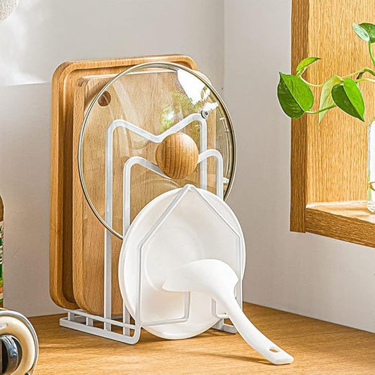 SUNFICON 2 Pack White Cutting Board Holder Rack Pot Pan Lids Holder Chopping Board Organizer Thin Bakeware Tray Dry Display Stand Kitchen Countertop Cabinet Office