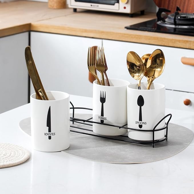 3-Piece White Ceramic Silverware Cutlery Holder with Black Metal Rack, Utensil Holder Flatware Caddy Cutlery Storage Organizer for Kitchen and Countertop (White)