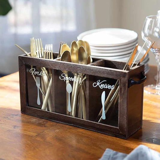 BLU MONACO Espresso Wooden Cutlery & Utensil Caddy – Silverware Organizer Bin for Forks, Spoons, Knives – Perfect for Kitchen Countertop