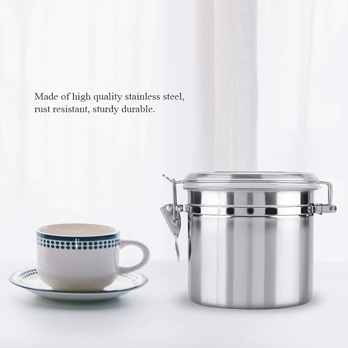 Stainless Steel Coffee Canister, Airtight Ground Coffee Bean Storage Container Keep Bean Fresh Organizer Jars Clear Clamp Lid Large Capacity for Kitchen Organization Pantry Tea Flour Sugar 1100ml