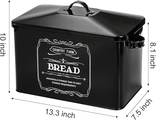 yarlung Metal Bread Box with 3 Kitchen Canisters Set, Large Black Farmhouse Bread Tin for Kitchen Countertop, Coffee Tea Sugar Canister with Lid for Pantry Organizer Home Storage