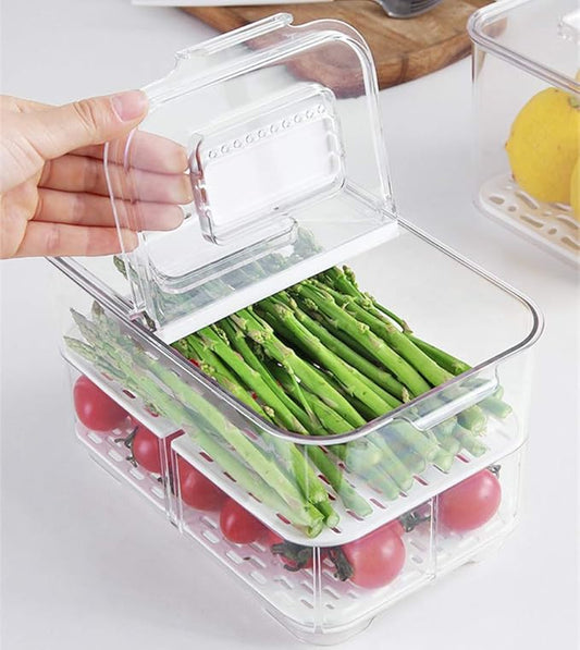 SANNO Refrigerator Food Storage Containers Stay Fresh,Food Storage Container Bin Stackable Refrigerator Freezer Organizer Fresh Keeper Drawers with Vented Lids and Removable Drain Tray