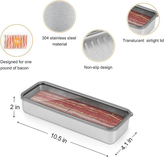 Bacon Container for Refrigerator,1Pack Bacon Holder for Fridge,Deli Meat Box for Fridge,304SS Airtight Food Storage Container,Stackable Refrigerator Organizer with Locking Lid (BPA Free)