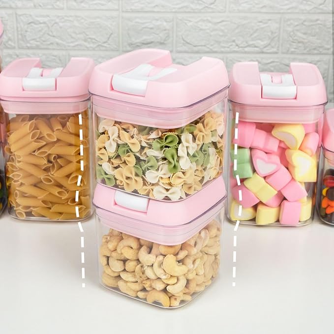 U-QE Airtight Food Storage Container Set-10 Piece BPA Free Clear Plastic Cereal Canisters with Easy Lock Lids-Kitchen & Pantry Organization Containers for Sugar, Flour, Cereal, Labels & Marker(Pink)
