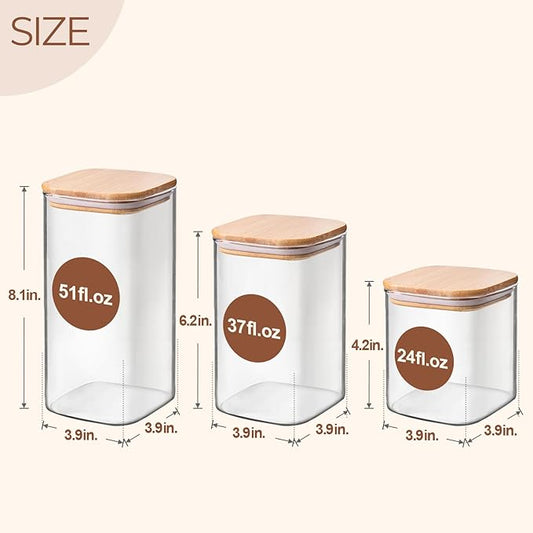 ComSaf Airtight Glass Storage Canister with Lids (24oz/37oz/51oz) Set of 6, Clear Food Storage Container Kitchen Pantry Storage Jar, Glass Jars for Flour Cereal Sugar Tea Coffee Beans Snacks, Square