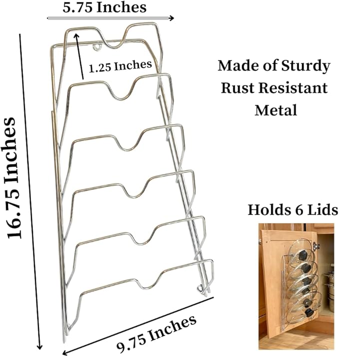 Evelots 6-Tier Pot Lid Organizer Rack for your Kitchen Cabinet Door/Wall - Fits Most Glass and/or Pan Covers - Kitchen Storage - No More Mess in your Cabinets and/or drawers - Rustproof -Chrome Finish