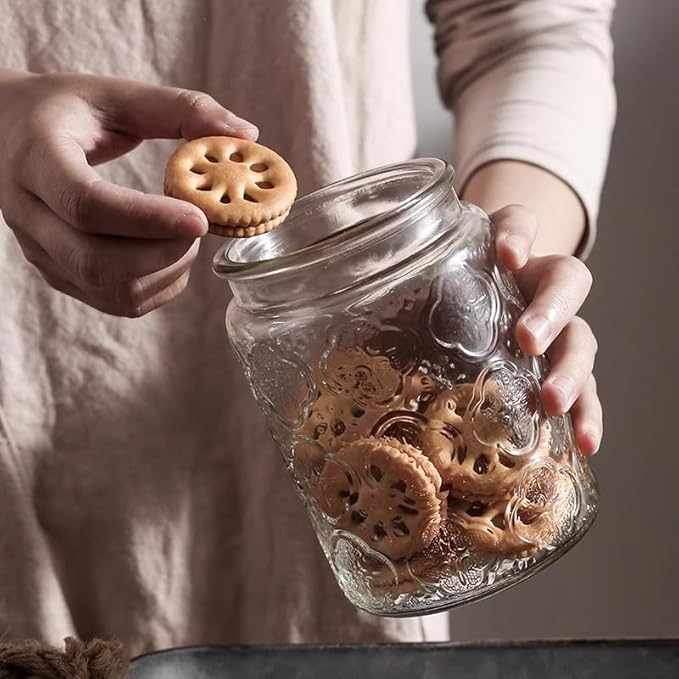 Glass Storage Jars With Airtight Lid, 23.7oz Container For Kitchen Counter with Wooden Lid, brown sugar, candy, coffee, cookie, salt, tea, cute Jar (Sunflower*2)