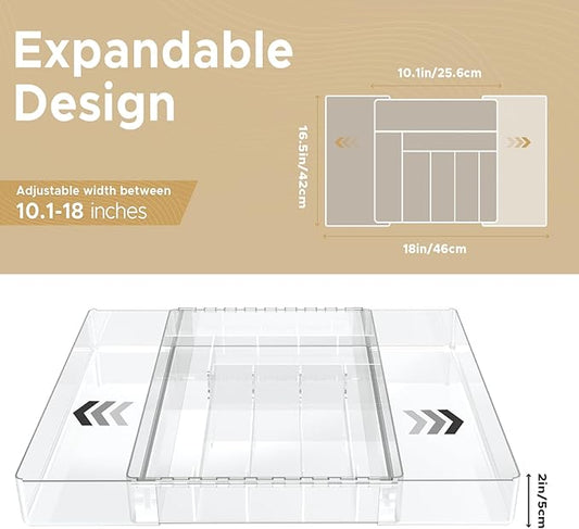 JYPS Silverware Organizer - Expandable Kitchen Drawer Organizer, Adjustable BPA Free Utensil Organizer, Cutlery Drawer Organizer for Forks, Knives, Clear Large