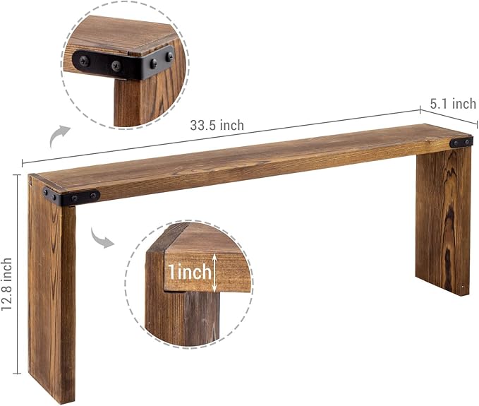 MyGift 34 Inch Over The Stove Spice Rack Deluxe Rustic Burnt Brown Solid Wood Display Shelf with Industrial Black Metal Corner Bracket Decoration Accents