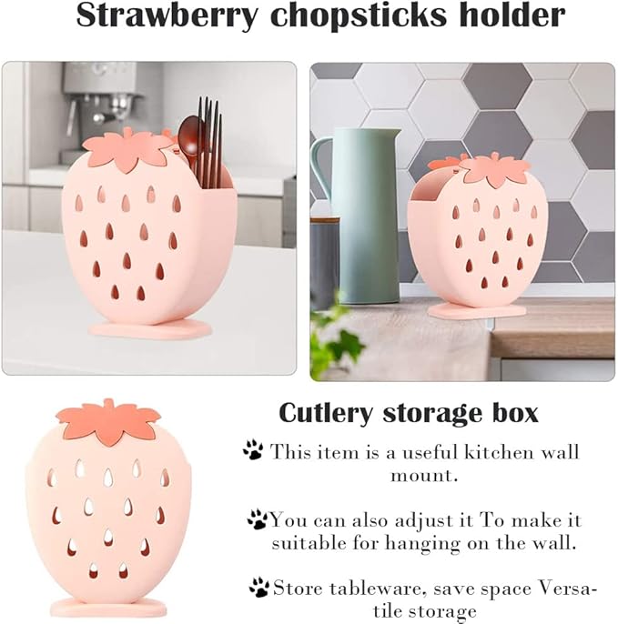 AKOAK 1 Pack Strawberry Chopsticks Stand, Cutlery Storage Box, Suitable for Storing Spoons, Chopsticks, Spoons, Knives and Other Kitchen Utensils (Light Pink)