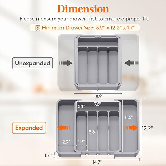 Lifewit Silverware Drawer Organizer, Expandable BPA Free Utensil Tray for Kitchen, Adjustable Flatware and Cutlery Holder for Spoons Forks Knives, Plastic Kitchen Organizers and Storage, Grey