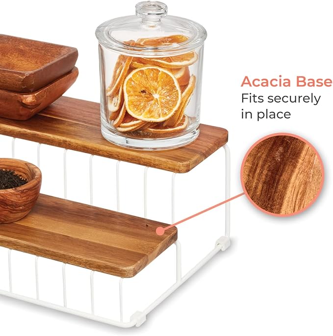iDesign The Ría Safford Collection Acacia Wood and Wire Two Organizer, 12" x 8.5" x 5", 2 Tier Spice Rack
