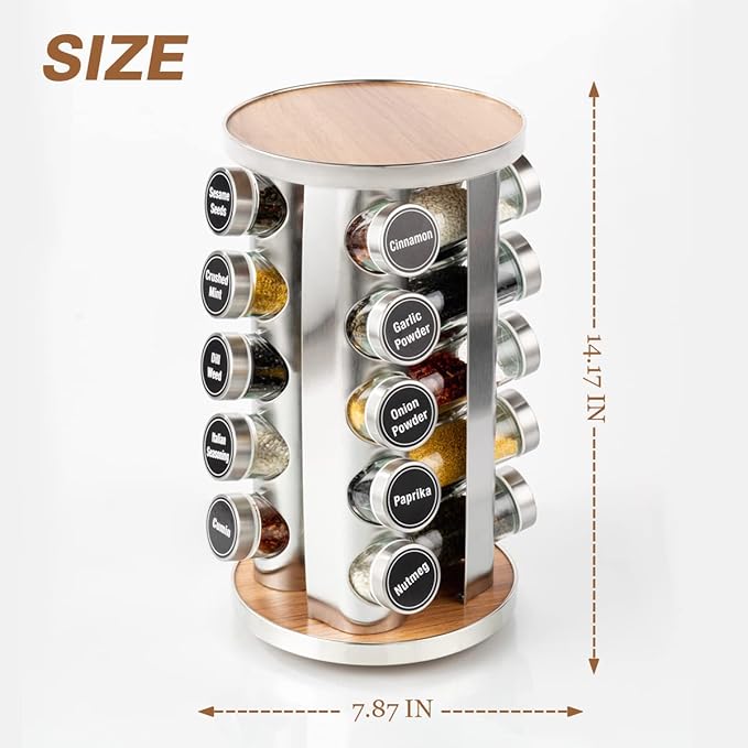 Spice Rack, 20 Jars Rotating Spice Rack, Spice Jars with Label, Stainless Steel Spice Rack Organizer for Cabinet, Spice Organizer, Seasoning Organizer, Revolving Spice Rack Carousel