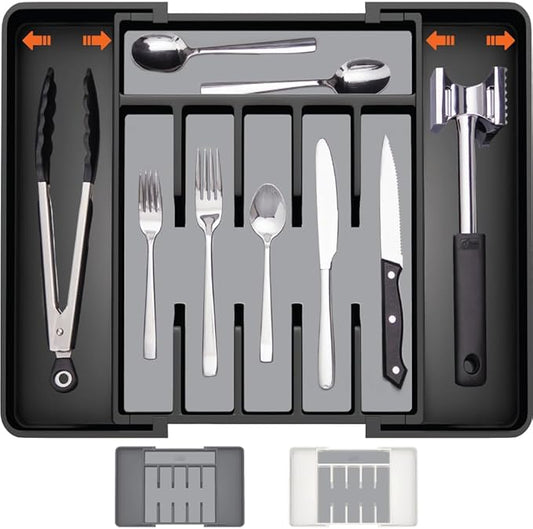 GORILLA GRIP Expandable Rubber Lined Silverware Organizer for Kitchen Drawers, Grip Feet to Stay in Place, Utensil Drawer Tray, Maximize Flatware Storage, BPA-Free Adjustable Cutlery Holder, Black