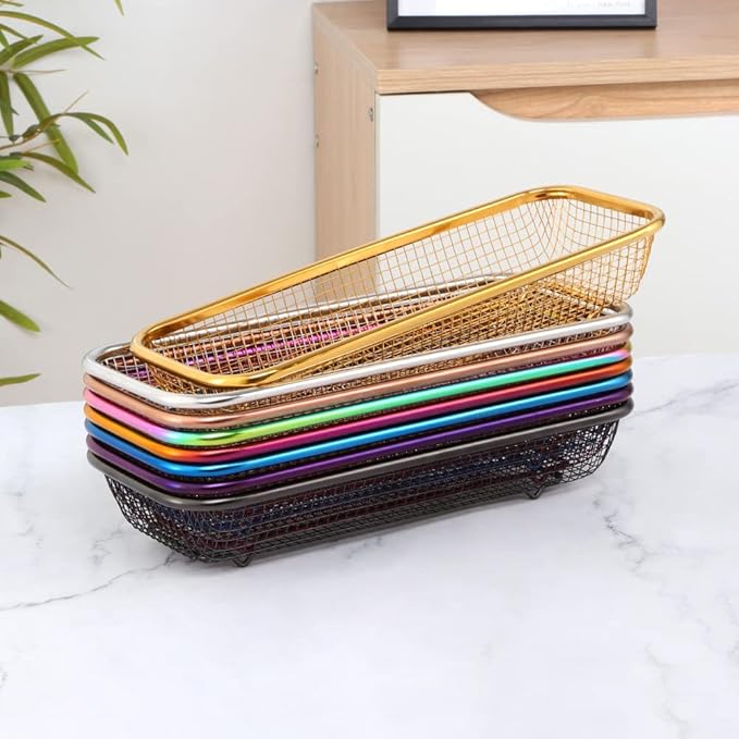 Kitchen Drawer Organizer, BuyGo Stainless Steel Storage Container Metal Cabinet Storage Basket for Holding Silverware Kitchen Utensil, Pack of 2, Rainbow