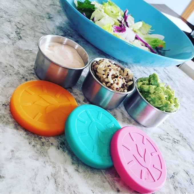 3 X 1.7oz Condiment Containers with Lids - Leakproof w/Silicone Lids - BPA Free - Dishwasher & Freezer Safe - Reusable Salad Dressing Container To Go - Sauce & Dip Cup for Lunchbox, Meal Prep
