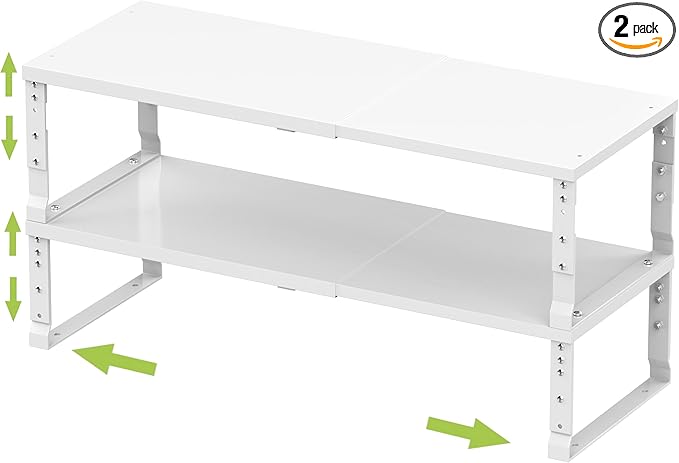 Expandable Stackable Spice Rack Organizer for Kitchen Cabinet,Adjustable Counter Shelf, countertop, Pantry,Cupboard,Bathroom,Bedroom(2Packs/White/Medium)