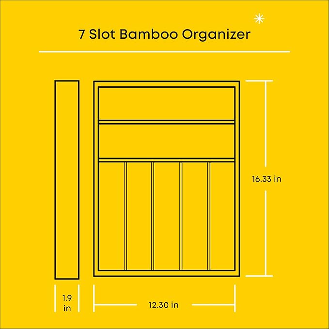 JoyJolt Bamboo Drawer Organizer, 7-Compartment Silverware Organizer, Cutlery and Utensil Organizer, Drawer Organizers for Garage, Kitchen, and Bathroom, Organizer Drawers for Kitchen Utensils