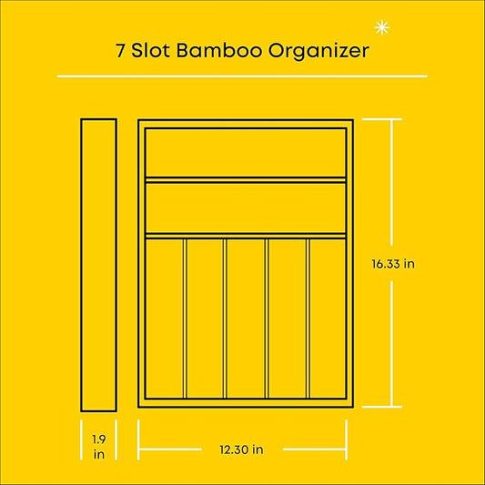 JoyJolt Bamboo Drawer Organizer, 7-Compartment Silverware Organizer, Cutlery and Utensil Organizer, Drawer Organizers for Garage, Kitchen, and Bathroom, Organizer Drawers for Kitchen Utensils