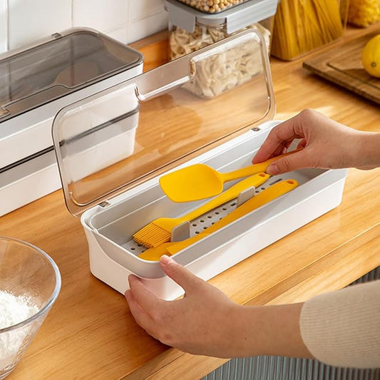 Large capacity Plastic Kitchen Drawer Organizer with Lid and Drainer Stackable Utensil Holder for Countertop Silverware Tray Flatware Organizers - 12.6x4.7x2.4 Inch Spatula Cutlery Tray