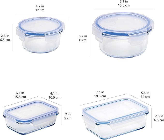 Amazon Basics Leak-Proof Glass Locking Lids Food Storage Containers, 14-Piece Set, 7 Count of Bases and 7 Plastic Lids, Clear, Blue, BPA Free, Dishwasher & Microwave Safe, for Meal Prep & Freezer