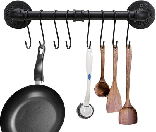 Sumnacon 16 Inch Industrial Pipe Pan Pot Rack with 8-Hooks, Wall Mounted Metal Rail Kitchen Utensil Pot Pan Lid Storage Organizer/Cookware Holder with Hardwares