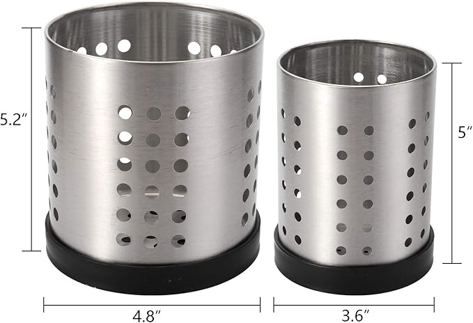 TOPZEA Set of 4 Kitchen Utensil Holder, Stainless Steel Cooking Utensil Organizer Kitchen Tools Flatware Holder Utensil Drying Cylinder Countertop Silverware Caddy
