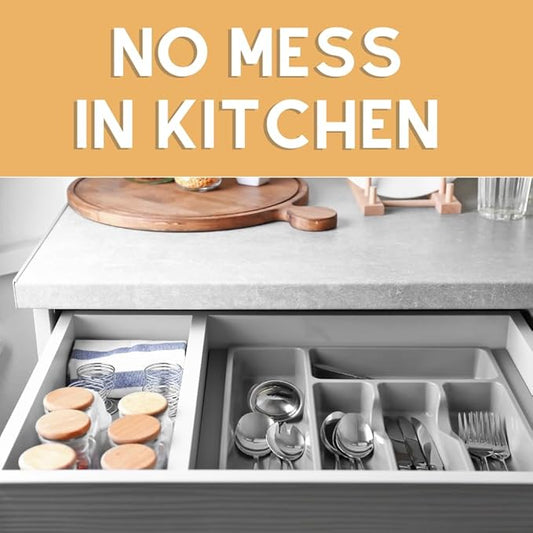 Silverware Organizer, Compact Cutlery Organizer, Large Kitchen Drawer Utensil Divider Tray, Holder Spoon Fork Flatware Storage 5 Compartment Wide Plasticware Draw (Grey) 13x14 inch
