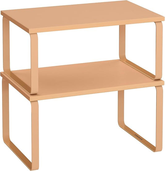 SONGMICS Cabinet Organizer Shelf, Set of 2 Kitchen Counter Shelves, Kitchen Storage, Spice Rack, Stackable, Expandable, Metal and Engineered Wood, Apricot Orange UKCS002Y01