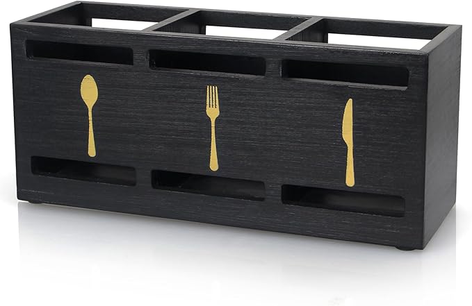 Ayiaren Wooden Cutlery Silverware Holder Flatware Utensil Caddy Black Utensil Holder for Kitchen Counter Wood Silverware Caddy Organizer for Table Countertop Spoon Knife and Fork Holder for Parties