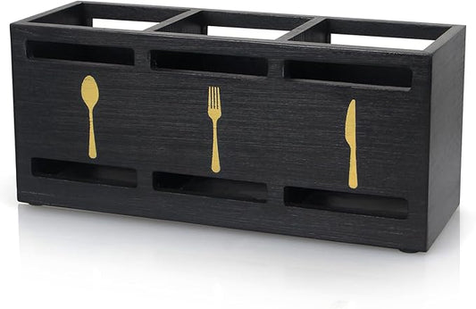 Ayiaren Wooden Cutlery Silverware Holder Flatware Utensil Caddy Black Utensil Holder for Kitchen Counter Wood Silverware Caddy Organizer for Table Countertop Spoon Knife and Fork Holder for Parties