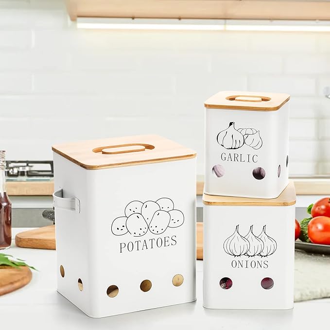 WUWEOT 3 Pack Vegetable Storage Tins, Metal Onion Garlic Potato Jars Set, Kitchen Canisters Vegetable Keeper Containers with Aerating Holes and Wooden Lid