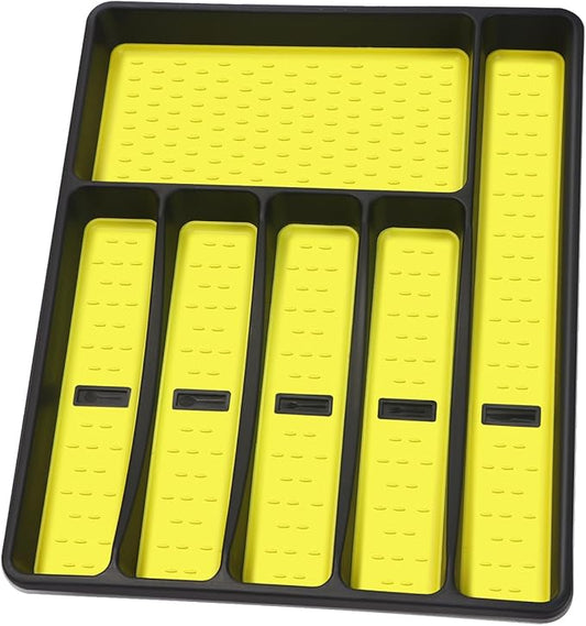 Silverware Organizer with Cutlery Icons，Silverware Tray for Kitchen Drawer，Plastic Flatware Tableware Cultery Drawer Organizer Utensil Organizer with Non-slip TPR Linings，6-Compartment，Yellow