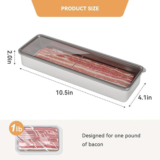 Freshmage Bacon Container for Refrigerator 2 PCS, 304 Stainless Steel Airtight Deli Meat Storage Containers for Fridge Dishwasher Safe Long Kitchen Food Storage Containers with Lids with Elevated Base
