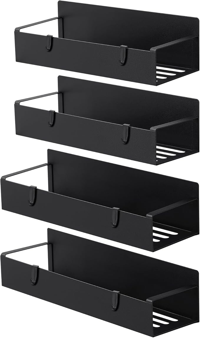 Homaxy Magnetic Spice Rack for Refrigerator，Fridge Organizer for Kitchen Organization and Storage, 4 Pack (Black) Metal Shelf with 8 Moveable Hooks