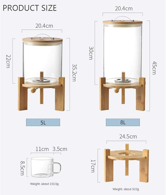 Flour and Cereal Container, 5L/8L, Rice Dispenser, Creative Glass Food Storge Container for Kitchen Organization and Pantry Store, Airtight Lid and Wooden Stand8L