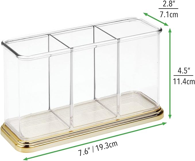 mDesign Plastic Cutlery Utensil Holder Storage Organizer Caddy for Kitchen Countertop Organization - Holds Fork, Knife, Spoon, Silverware - 3 Divided Sections - Hyde Collection - Clear/Soft Brass