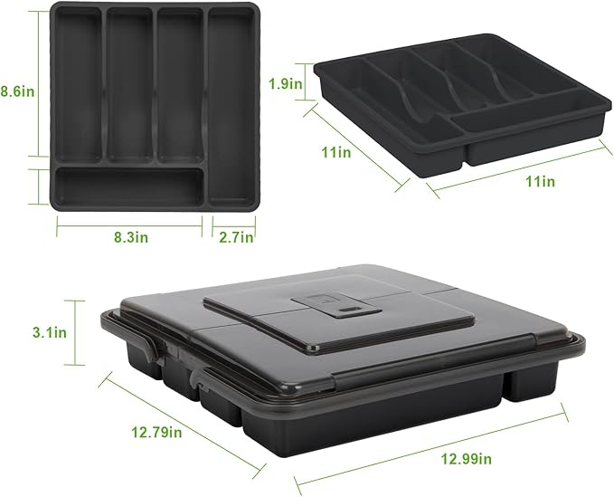Silverware Organizer with Cover, Portable Cutlery Holder Flatware Tray with Lid Plastic Silverware Storage Box 5 Compartments for Kitchen Drawer (black)
