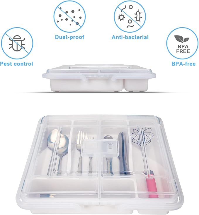 Portable Utensil Holder for Countertop with Lid & Handle, Plastic Silverware Tray for Drawer Flatware Organizer, White