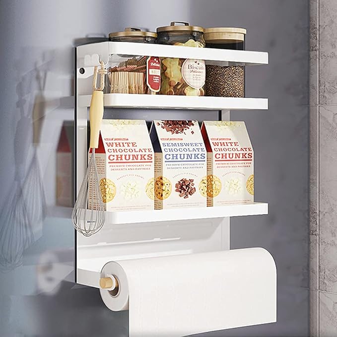 Magnetic Spice Rack for Refrigerator - Fridge Organizer with White Magnetic Shelf - Kitchen Storage