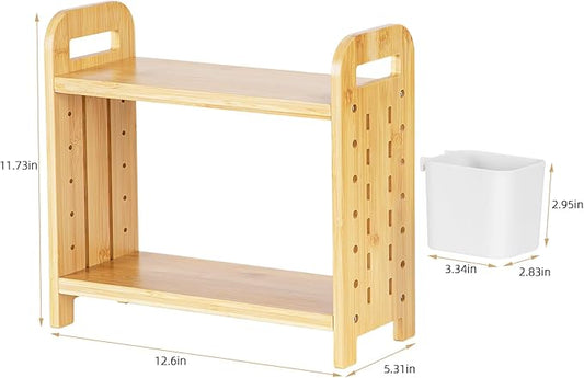 Spice Rack with Pegboard & Accessories for Kitchen Counter, Desk Organizer for Corner, Plants Rack 2-Tier, Kitchen Counter Shelf with Plastic Storage Box, Bamboo