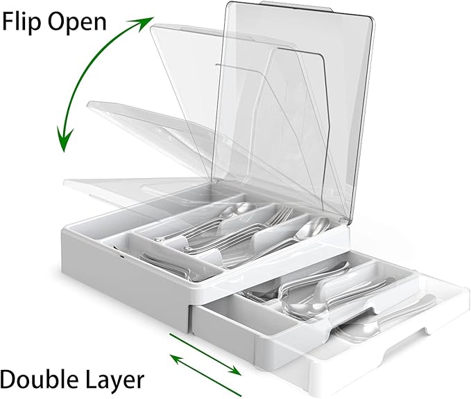 Double Layer Silverware Tray with Lid, Utensil Holder for Countertop Flatware Organizer for Kitchen Drawers with 2 Tier Cutlery Tray and 9 Compartments Silverware Storage Bin (White)