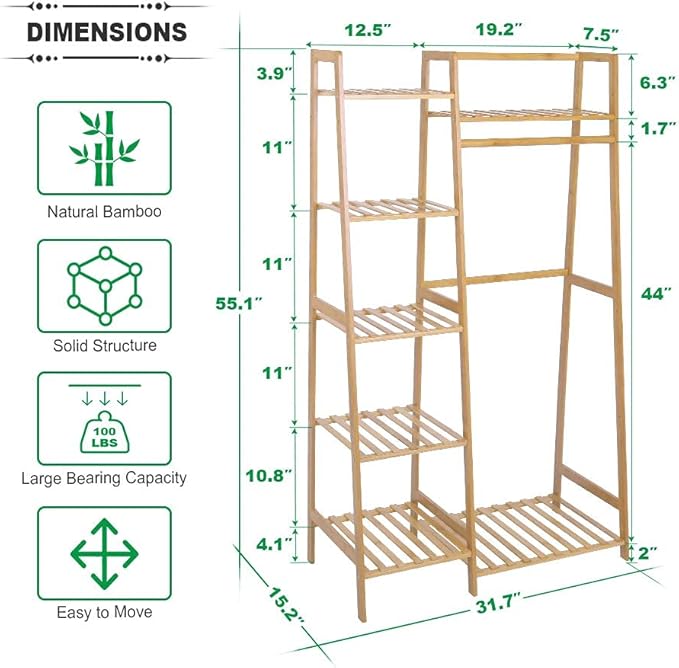 Ufine Bamboo Garment Rack 7-Tier Storage Shelves Clothes Hanging Rack, Heavy Duty Clothing Rack Minimalism Wardrobe Closet Organizer for Indoor