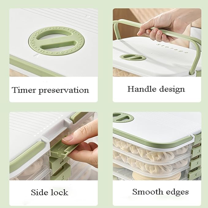 Dumplings Storage with 4 Layers, Stackable with Buckle, Lid & Handle for Cookies Wonton Donuts Box Organizer For Fridge, Milk-Brown