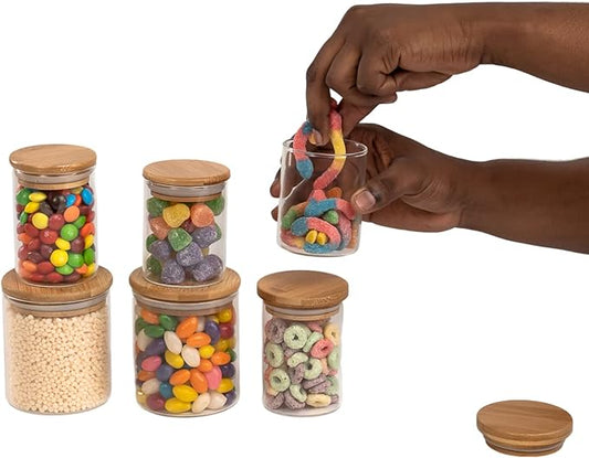 | Hermetic Glass Storage Jars with Bamboo Lid | Multipurpose Jars, Candy Jars, Dry Food Canisters, Airtight, Variety Set, Kitchen Glass For Coffee, Flour, Sugar, Cookie, Spice | 6 Pieces, 32 OZ